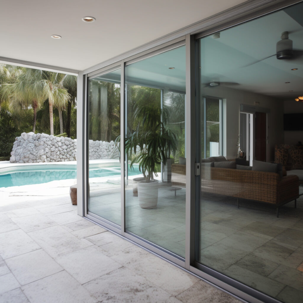 arafed view of a patio with a pool and a patio furniture. genera